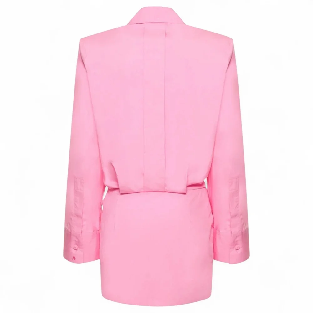 THE ATTICO Italy Margot Neon Pink Mini Shirt Dress Pleat Long Sleeves Cotton 42 - Picture 7 of 12